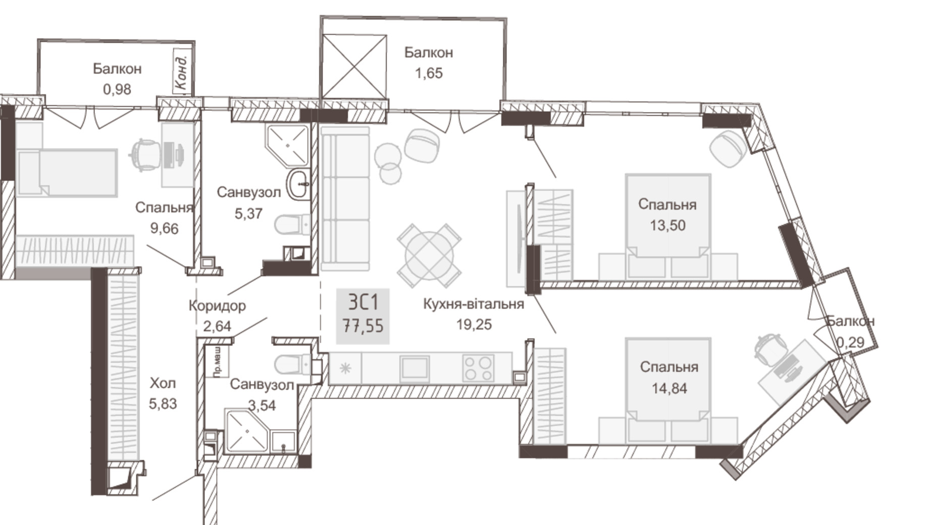 Планування 3-кімнатної квартири в Апарт-комплекс Pokrovsky Apart Complex 77.32 м², фото 617741