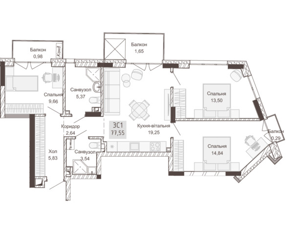 Апарт-комплекс Pokrovsky Apart Complex: планировка 3-комнатной квартиры 77.32 м²