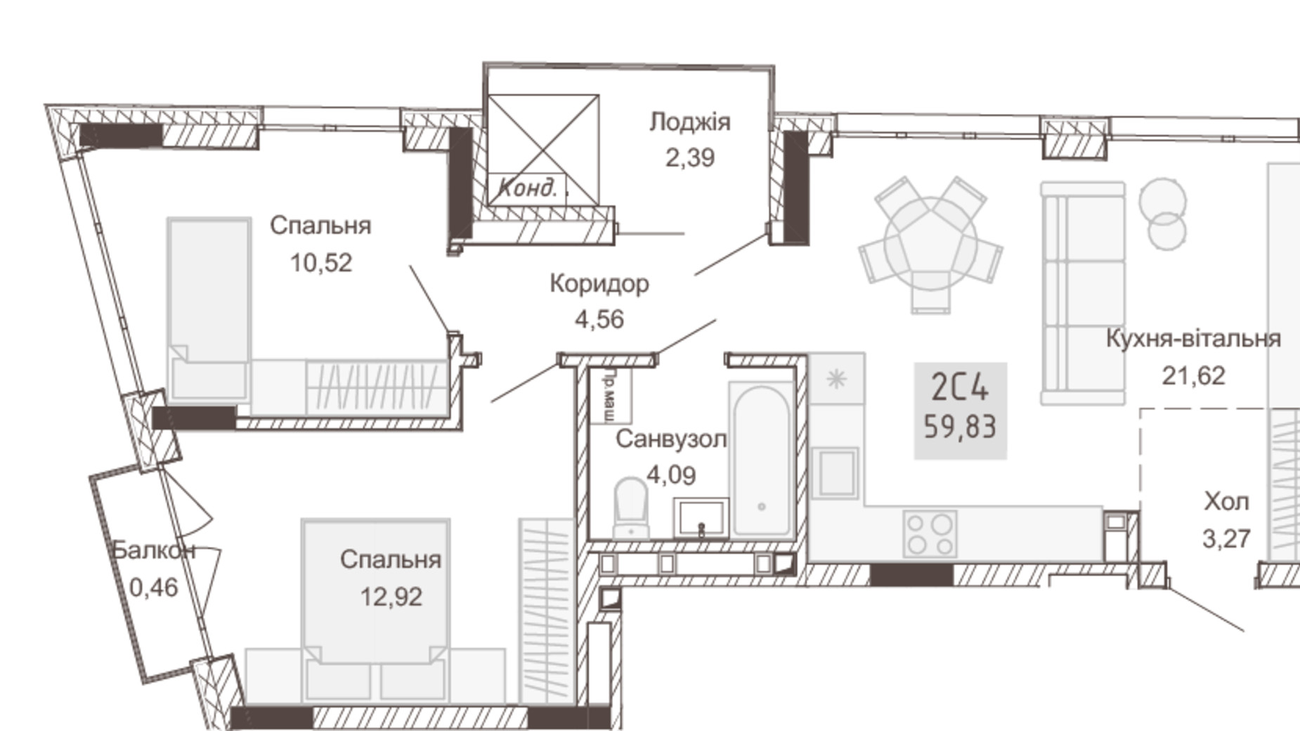 Планировка 2-комнатной квартиры в Апарт-комплекс Pokrovsky Apart Complex 59.76 м², фото 617745