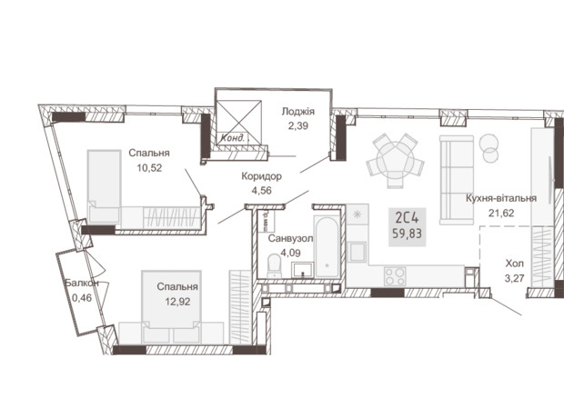 Апарт-комплекс Pokrovsky Apart Complex: планировка 2-комнатной квартиры 59.76 м²