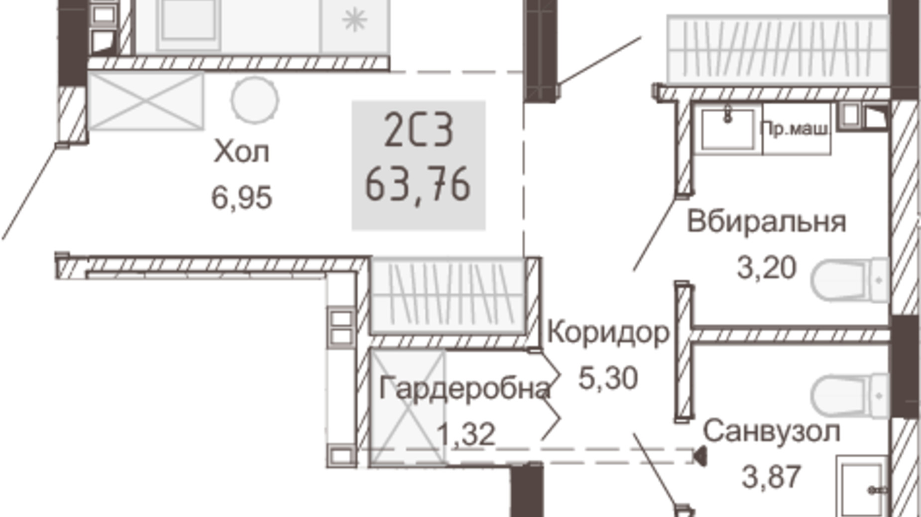 Планування 2-кімнатної квартири в Апарт-комплекс Pokrovsky Apart Complex 63.59 м², фото 617746