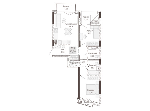 Апарт-комплекс Pokrovsky Apart Complex: планировка 2-комнатной квартиры 63.59 м²