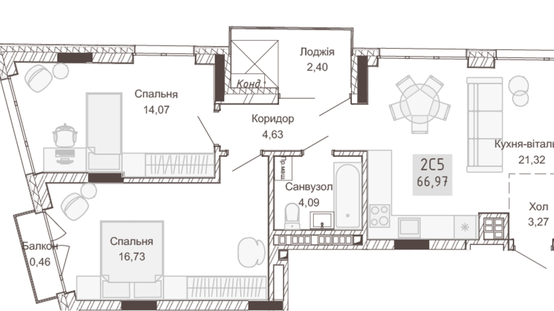 Планування 2-кімнатної квартири в Апарт-комплекс Pokrovsky Apart Complex 66.91 м², фото 617747