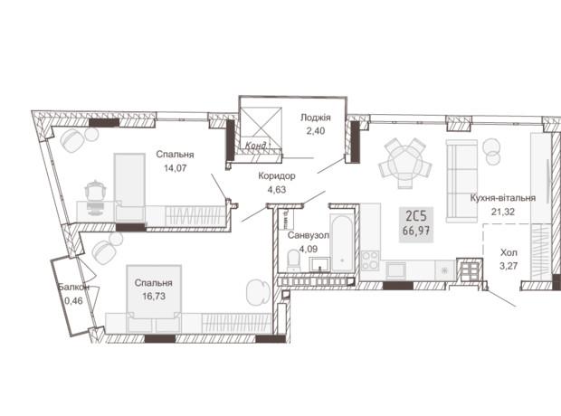 Апарт-комплекс Pokrovsky Apart Complex: планування 2-кімнатної квартири 66.91 м²