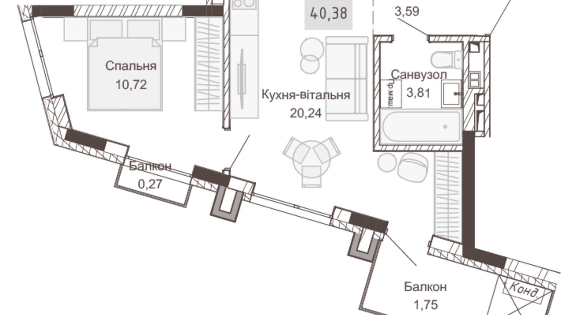 Планування 1-кімнатної квартири в Апарт-комплекс Pokrovsky Apart Complex 40.38 м², фото 617748