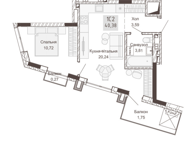 Апарт-комплекс Pokrovsky Apart Complex: планування 1-кімнатної квартири 40.38 м²