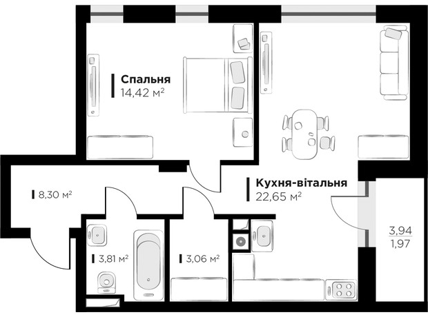 ЖК HYGGE lux: планування 1-кімнатної квартири 49.5 м²