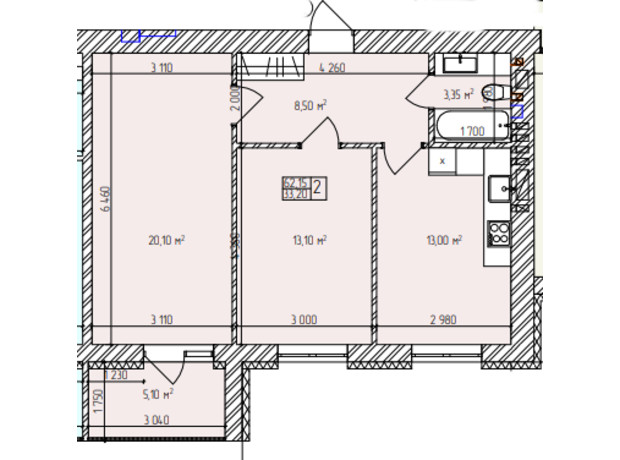 ЖК Автобиография Парк: планировка 2-комнатной квартиры 62.15 м²