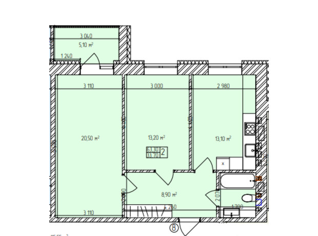ЖК Автобиография Парк: планировка 2-комнатной квартиры 63.3 м²
