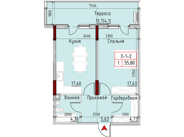 ЖК Marinist residence: планировка 1-комнатной квартиры 55.8 м²