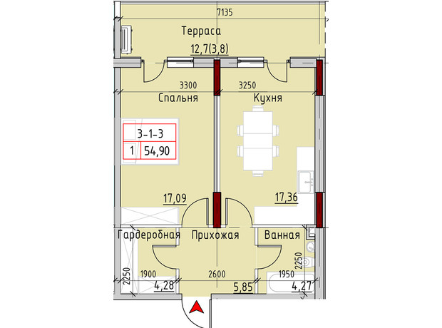 ЖК Marinist residence: планування 1-кімнатної квартири 54.9 м²