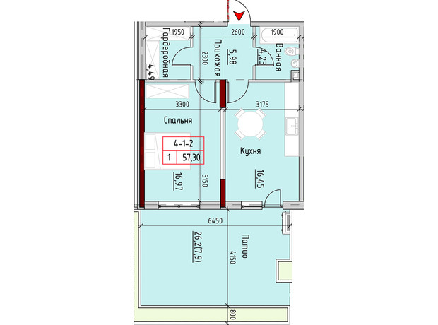 ЖК Marinist residence: планування 1-кімнатної квартири 57.3 м²