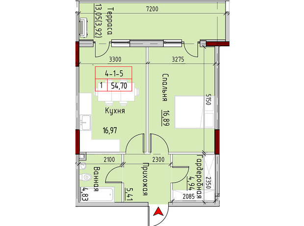 ЖК Marinist residence: планування 1-кімнатної квартири 54.7 м²