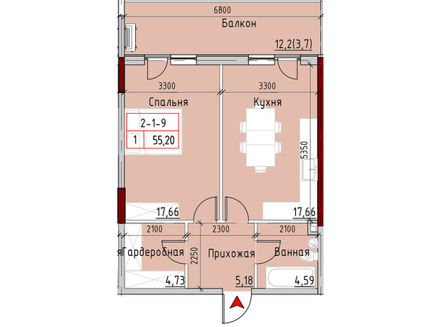 ЖК Marinist residence: планування 1-кімнатної квартири 55.2 м²