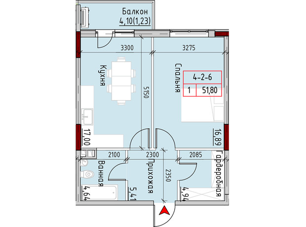 ЖК Marinist residence: планування 1-кімнатної квартири 51.8 м²