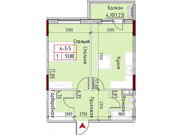 ЖК Marinist residence: планировка 1-комнатной квартиры 51.8 м²