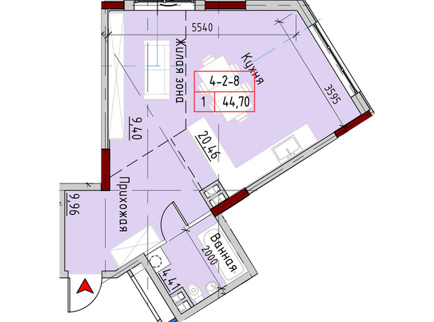 ЖК Marinist residence: планування 1-кімнатної квартири 44.8 м²