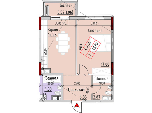 ЖК Marinist residence: планування 1-кімнатної квартири 46 м²