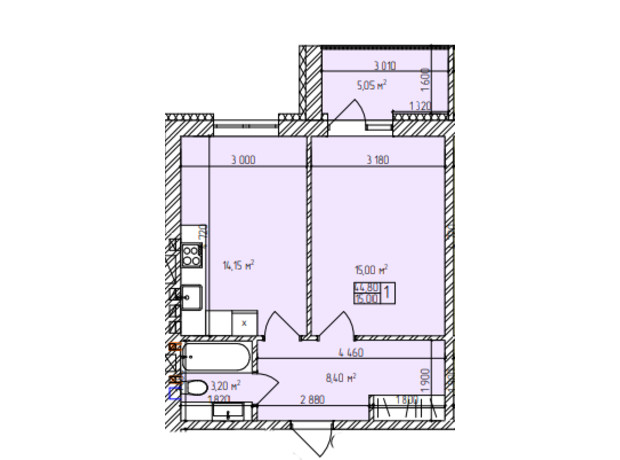 ЖК Автобиография Парк: планировка 1-комнатной квартиры 44.8 м²