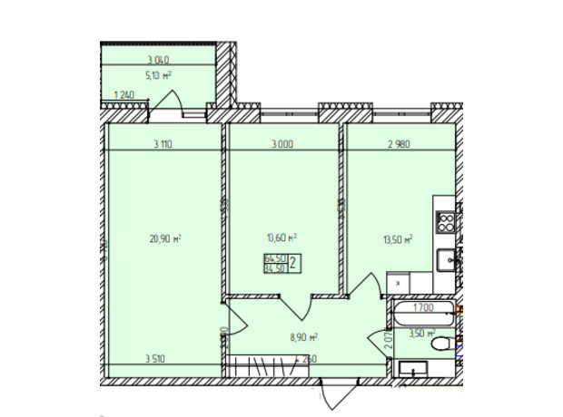 ЖК Автобиография Парк: планировка 2-комнатной квартиры 64.5 м²