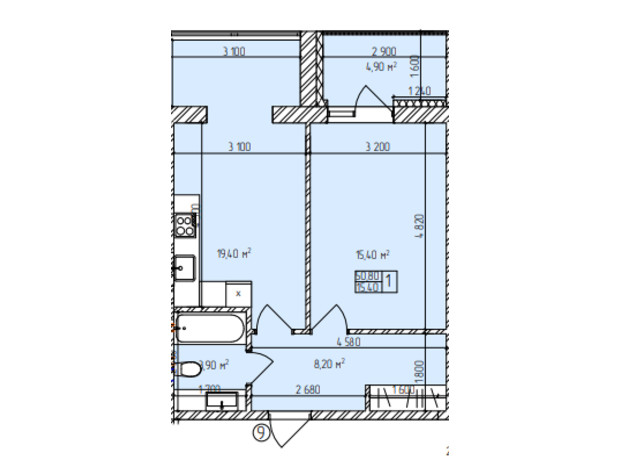 ЖК Автобиография Парк: планировка 1-комнатной квартиры 50.8 м²