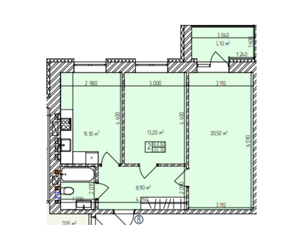 ЖК Автобиография Парк: планировка 2-комнатной квартиры 63.3 м²