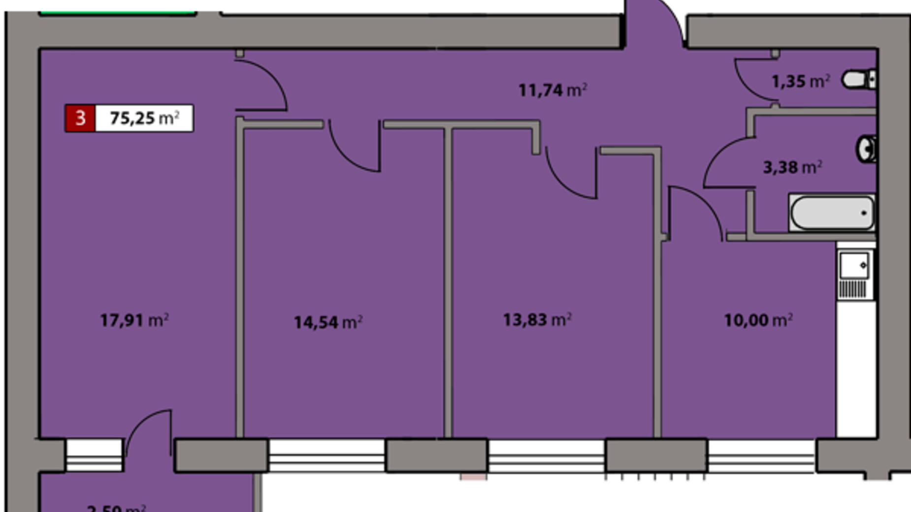 Планировка 3-комнатной квартиры в ЖК Парковый квартал 75.25 м², фото 618076