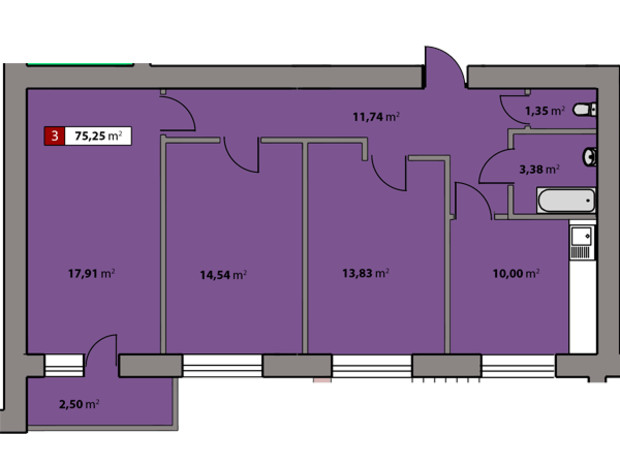 ЖК Парковый квартал: планировка 3-комнатной квартиры 75.25 м²
