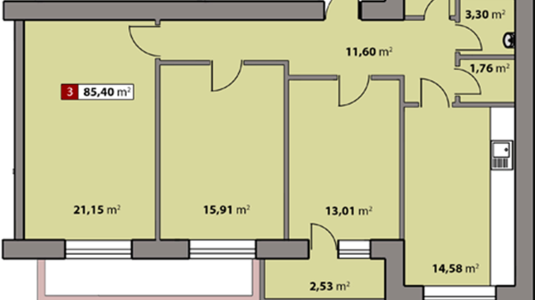 Планировка 3-комнатной квартиры в ЖК Парковый квартал 85.4 м², фото 618078