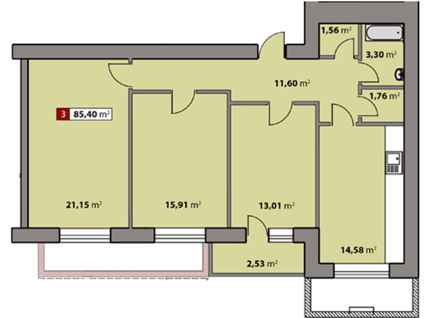 ЖК Парковый квартал: планировка 3-комнатной квартиры 85.4 м²