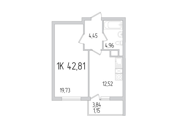 ЖК Пятьдесят девятая жемчужина: планировка 1-комнатной квартиры 42.81 м²