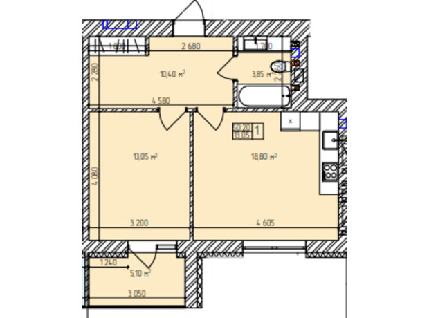 ЖК Автобиография Парк: планировка 1-комнатной квартиры 50.2 м²