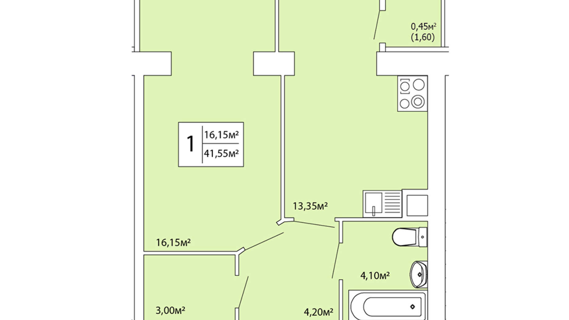 Планировка 1-комнатной квартиры в ЖК Комфорт-Каменец 41.55 м², фото 61858