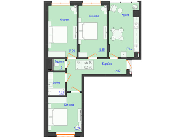 ЖК Онікс: планування 3-кімнатної квартири 81.71 м²