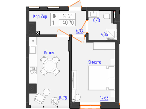 ЖК Оникс: планировка 1-комнатной квартиры 39.97 м²