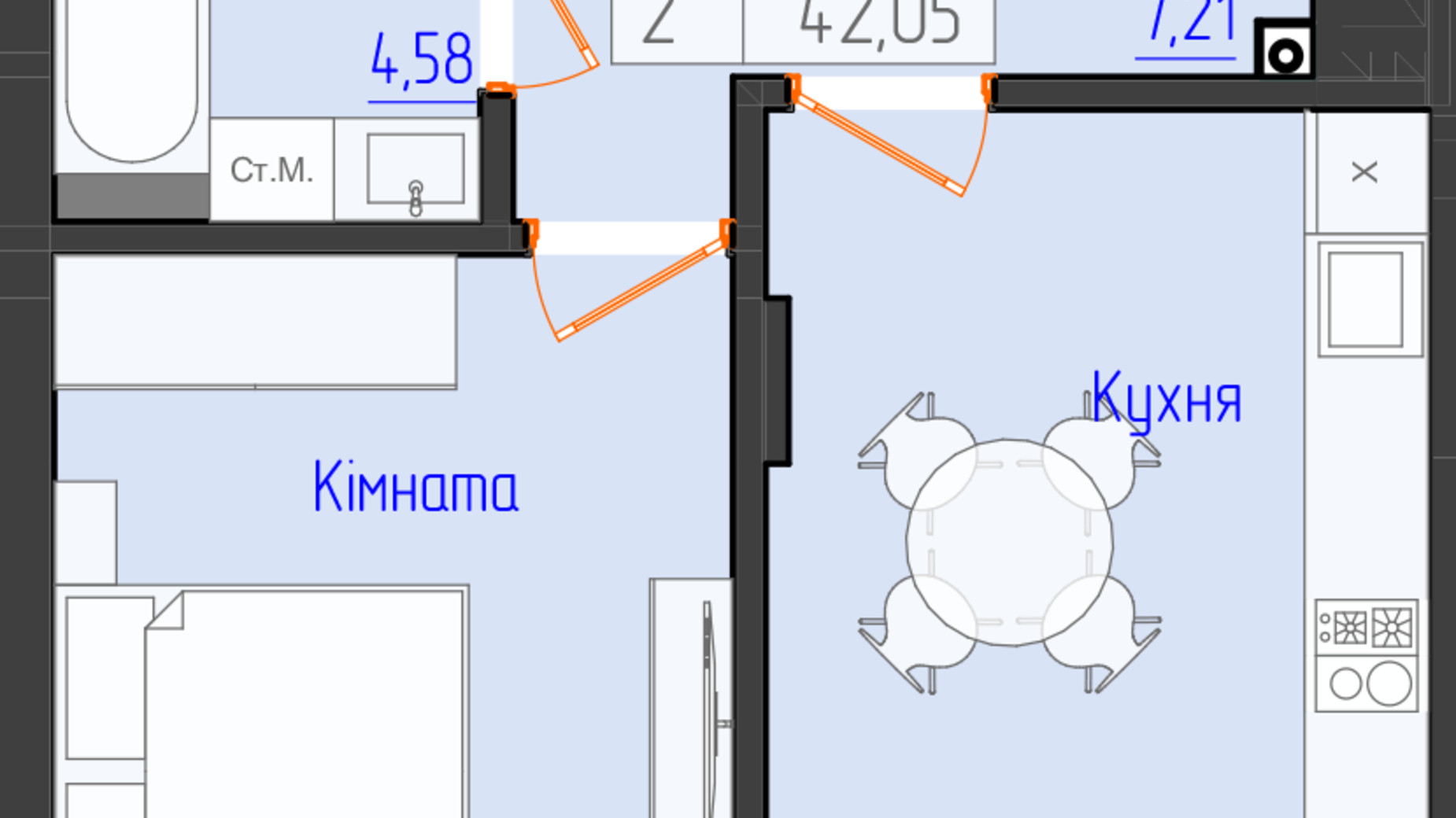 Планировка 1-комнатной квартиры в ЖК Оникс 41.37 м², фото 618597