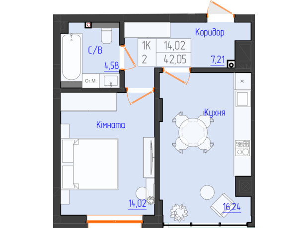 ЖК Оникс: планировка 1-комнатной квартиры 41.37 м²