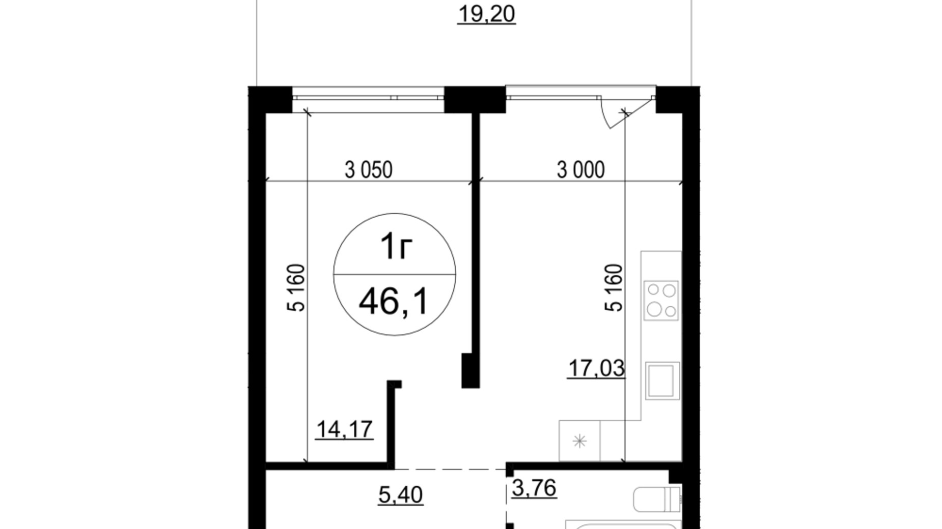 Планировка 1-комнатной квартиры в ЖК Гринвуд-4 46.1 м², фото 618601