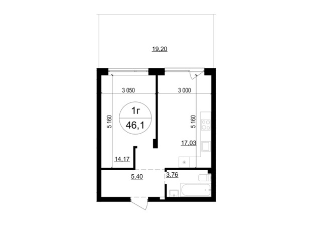 ЖК Грінвуд-4 : планування 1-кімнатної квартири 46.1 м²