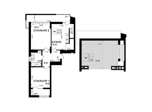 ЖК Soloway: планировка 2-комнатной квартиры 86.35 м²