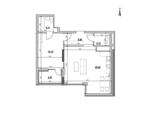 ЖК Nordica Residence: планування 1-кімнатної квартири 61.51 м²