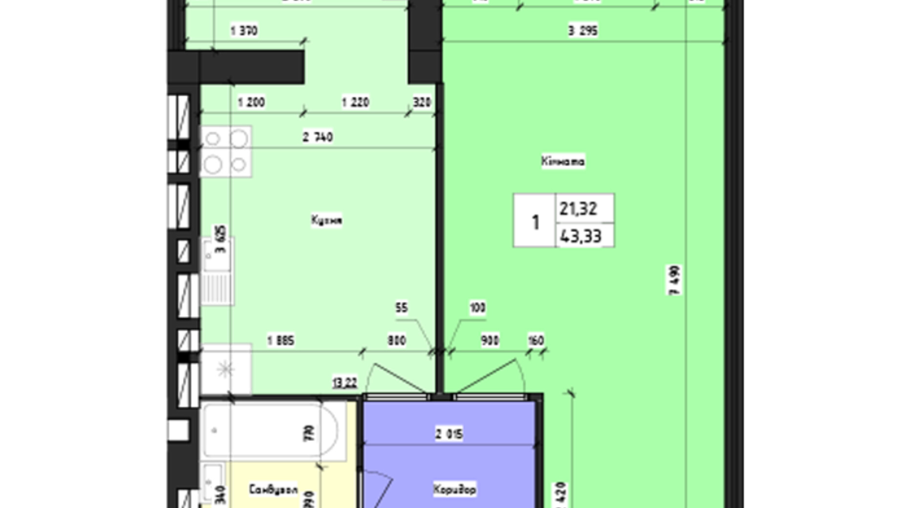 Планировка 1-комнатной квартиры в ЖК Парус 43.33 м², фото 618875