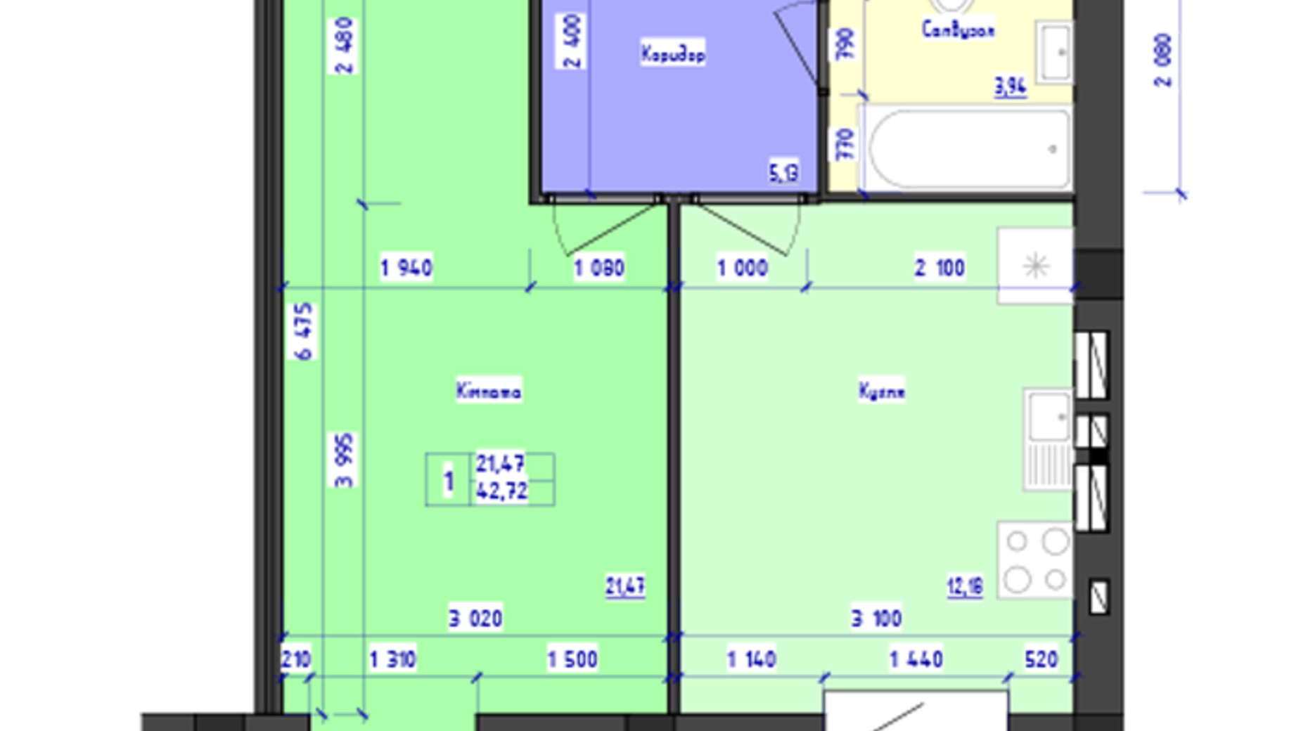 Планировка 1-комнатной квартиры в ЖК Парус 42.72 м², фото 618878