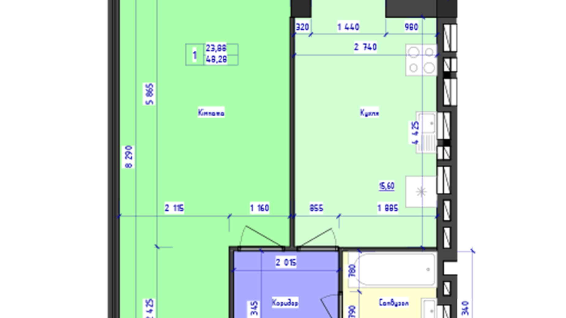 Планування 1-кімнатної квартири в ЖК Парус 48.28 м², фото 618879