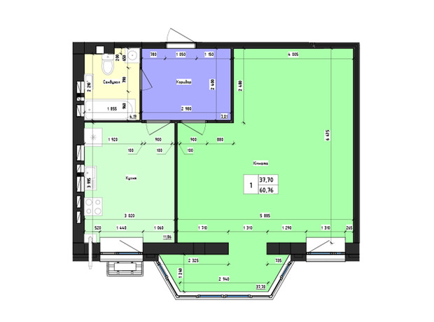 ЖК Парус: планировка 1-комнатной квартиры 60.76 м²