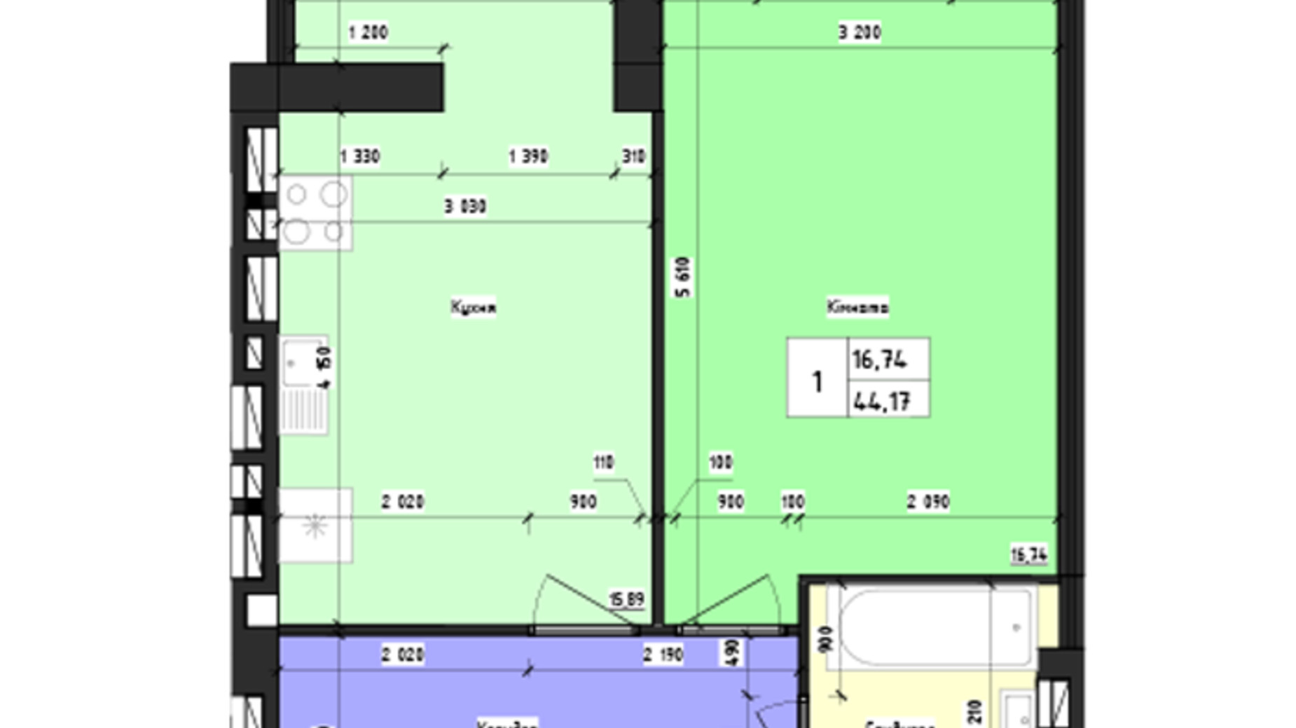 Планировка 1-комнатной квартиры в ЖК Парус 44.17 м², фото 618881