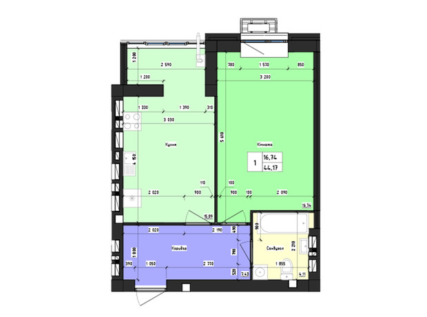 ЖК Парус: планировка 1-комнатной квартиры 44.17 м²