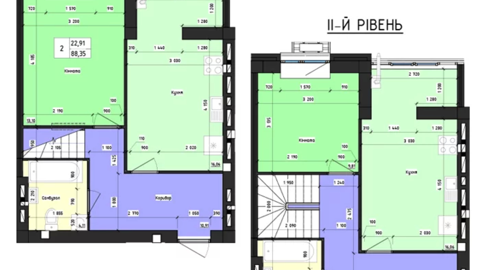 Планировка много­уровневой квартиры в ЖК Парус 88.35 м², фото 618883