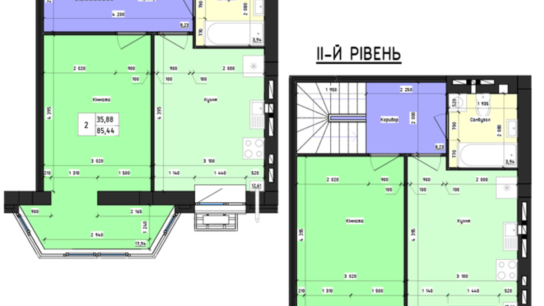 Планировка много­уровневой квартиры в ЖК Парус 85.44 м², фото 618889