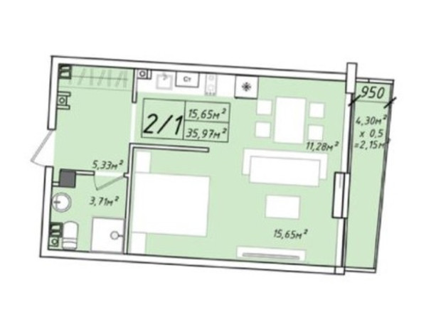 ЖК Graf у моря: планування 1-кімнатної квартири 35.97 м²